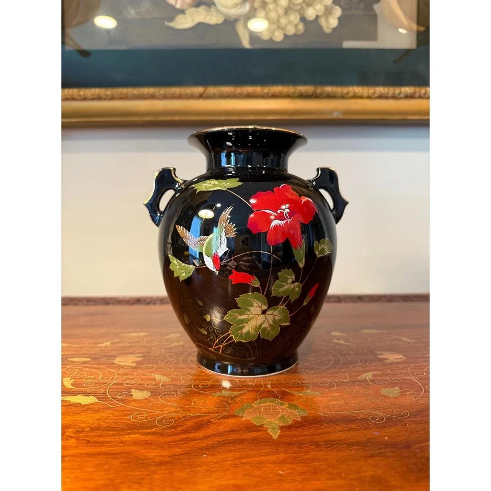 Vintage Japanese Black Ceramic Vase Hummingbird & Red‎ Blossom Motif